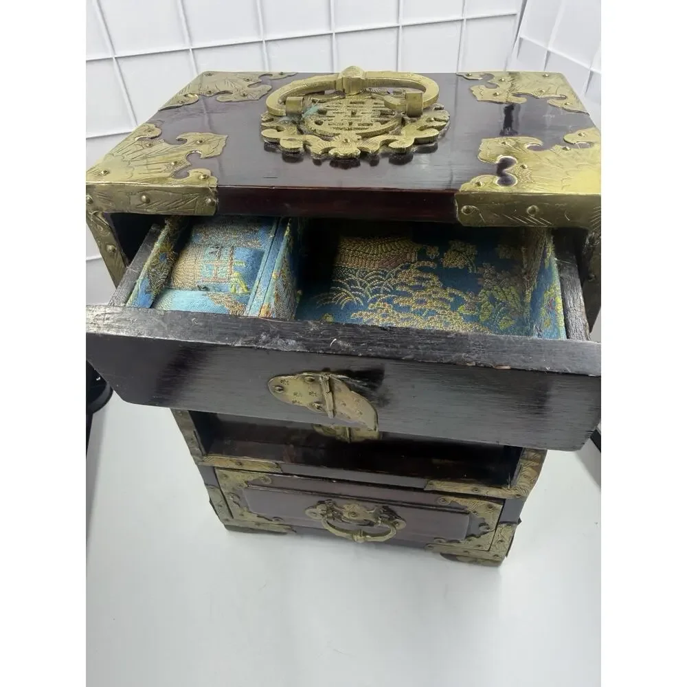 Stunning Antique Asian Jewelry Box w/ Ornate Brass, Chinese Carved Jade Inserts